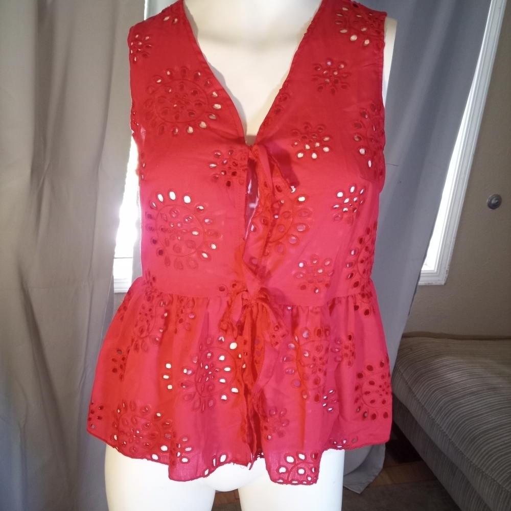 Red Sleeveless Eyelet Top